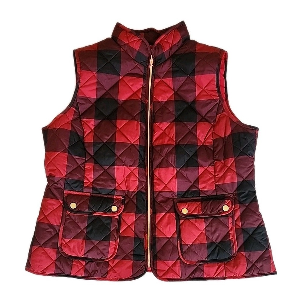 St Johns Bay Womens Quilted Puffer Vest XXL Red Black Buffalo Plaid Preppy Trad